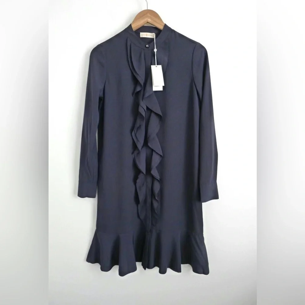 NWT $425 Tory Burch Navy Jane Ruffle Crepe Dress Size 10
